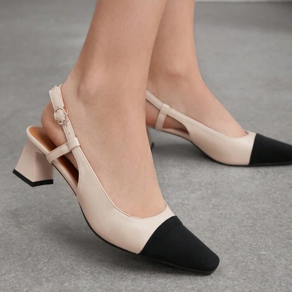 Beige and Black Two-Tone Square-Toe Block Heel Pumps Minimalist Chic - Picture 1 of 4